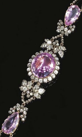 A pink topaz, diamond, and silver-topped gold bracelet, circa 1830. The central ...