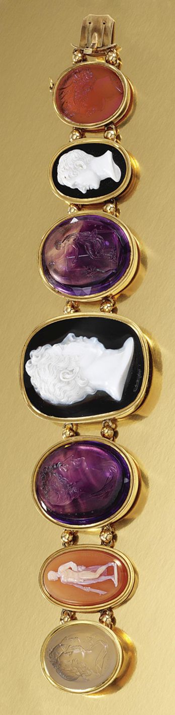 A rare cameo and intaglio bracelet, first half of the 19th century. Composed of ...