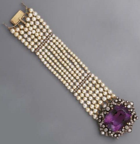 Amethyst, diamond, pearl and gold bracelet.