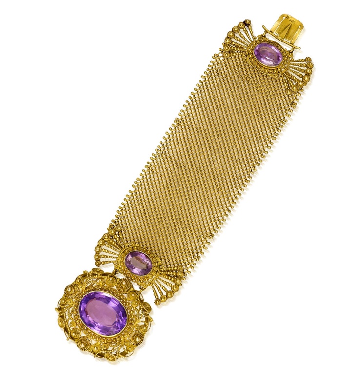 An antique amethyst and eighteen karat gold bracelet, circa 1830  the wide openw...