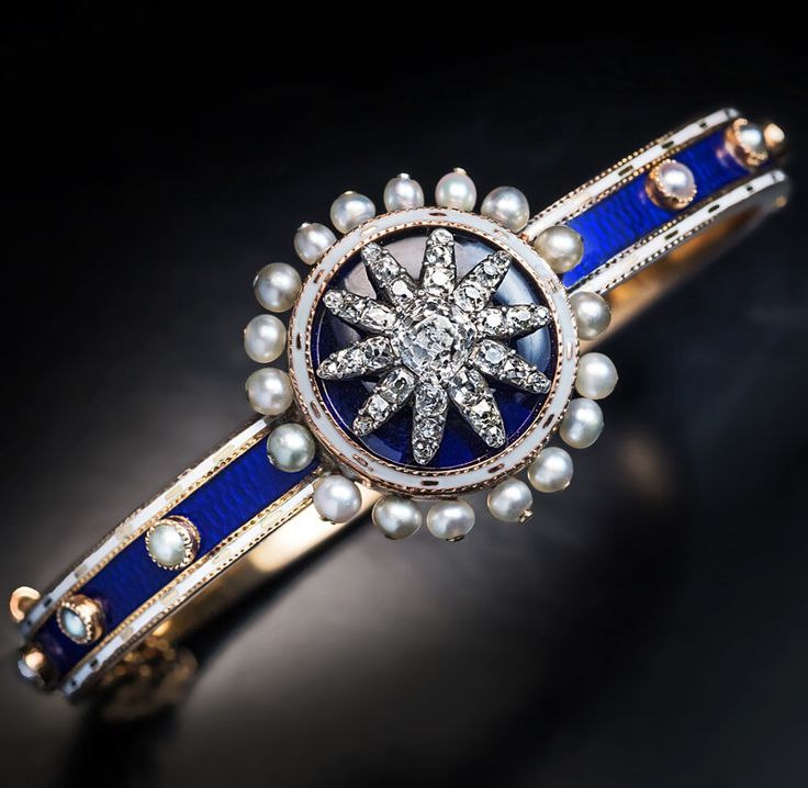Antique Georgian Enamel Diamond Pearl Bracelet, Circa 1800. A neo-classical 14K ...