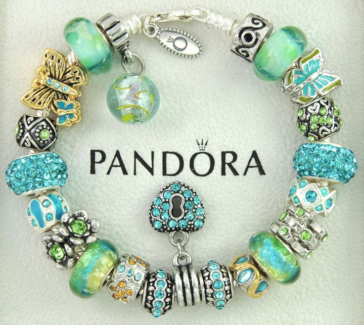 Authentic pandora bracelet with charms green turquoise butterfly murano flower #...