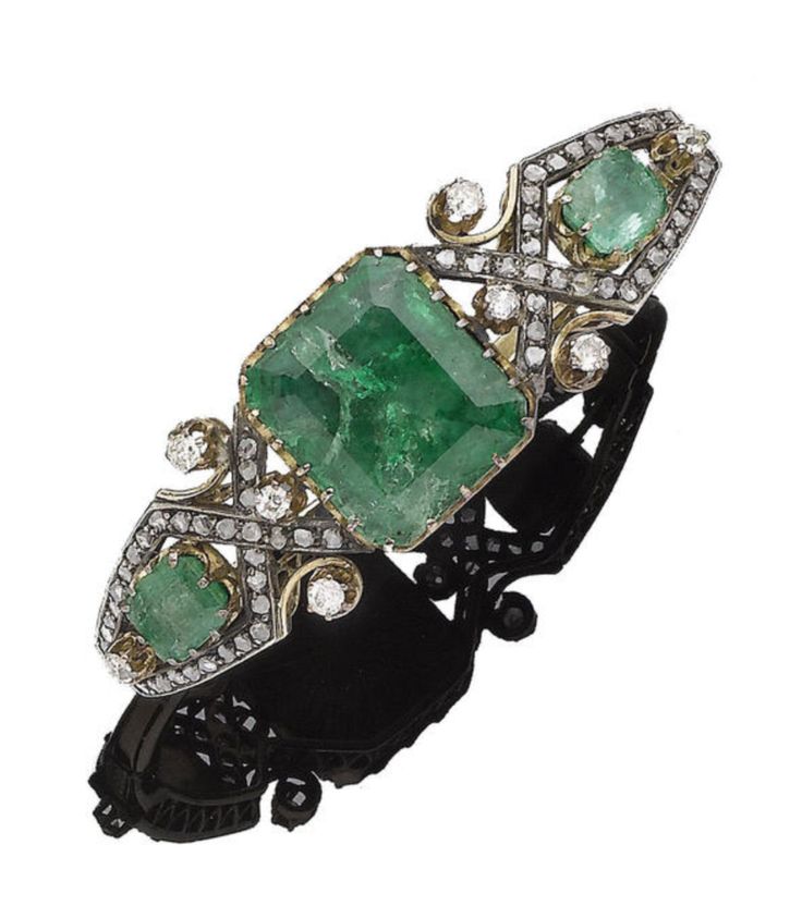 Emerald, diamond, silver and gold bracelet.