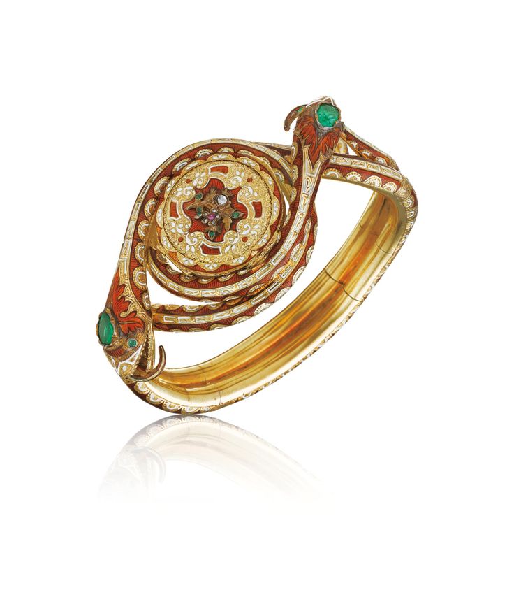 Emerald, ruby, diamond, enamel and gold watch bracelet.