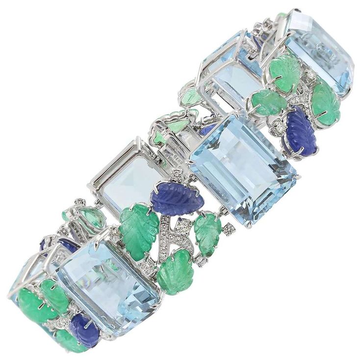 Aquamarine Carved Sapphire Emerald Bracelet 1