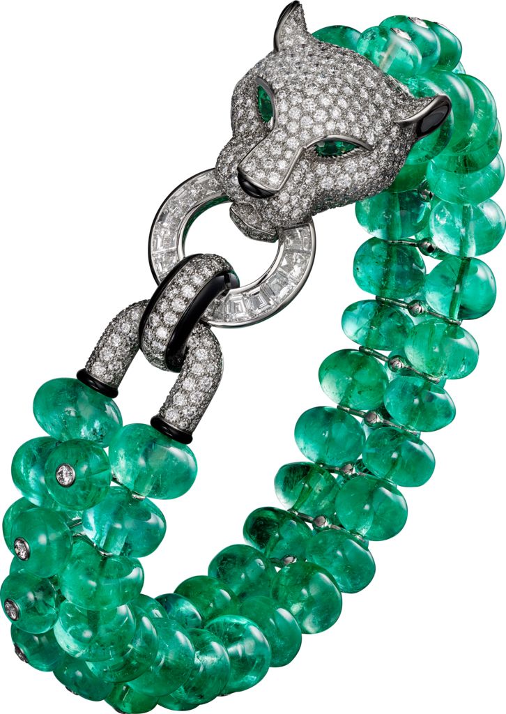CARTIER. Bracelet - platinum, emerald beads, onyx, pear-shaped emerald eyes…