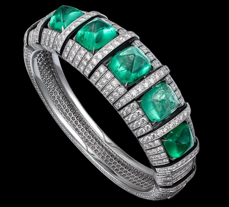 CARTIER. Bracelet - platinum, five cabochon-cut emeralds from Colombia totaling ...