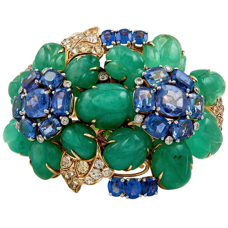 DAVID WEBB Carved Emerald Sapphire Diamond Bracelet