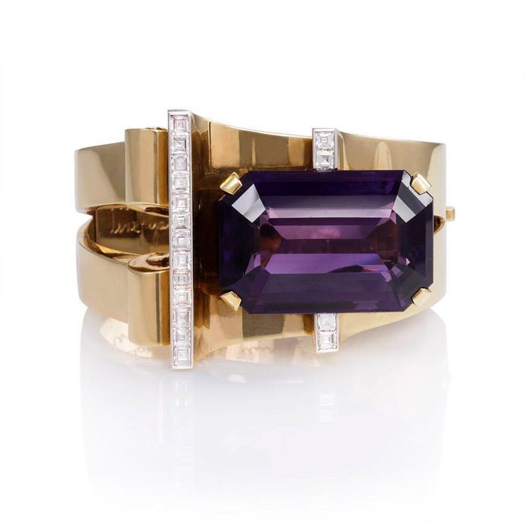 Mann's Jewelers A Retro gold, amethyst, and diamond bangle bracelet, the ope...