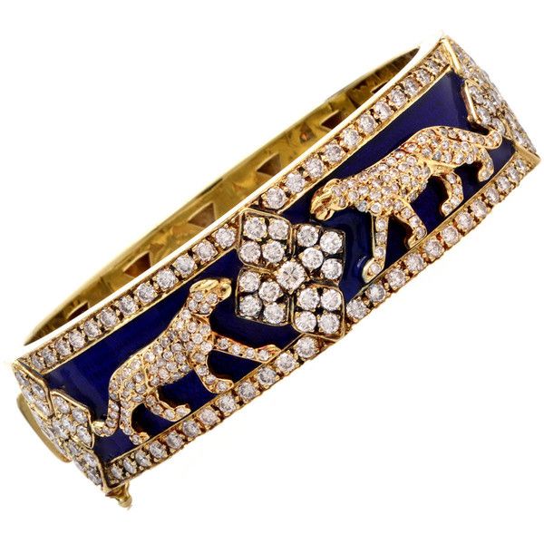Preowned Diamond Enamel Cobalt Gold Panther Wide Bangle ($11,999) ❤ liked on P...