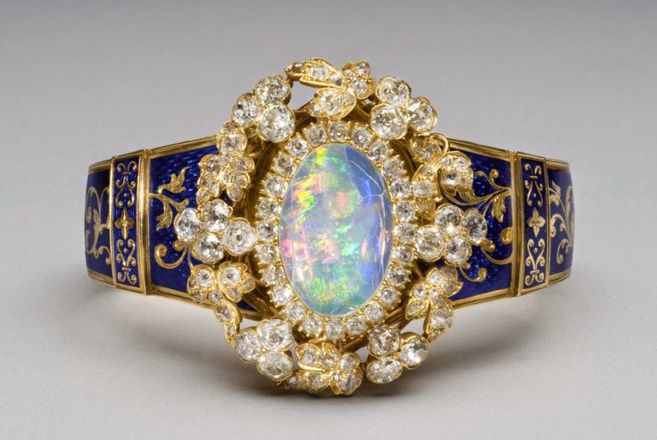 Opal, diamond, enamel and gold bracelet, circa 1849.