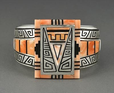 Silver & Pink Coral Bracelet by Abraham Begay (Navajo)