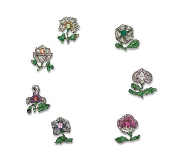 A Magnificent Set of Seven Diamond and Gem-Set Moghul Flower Brooches, by JAR, m...