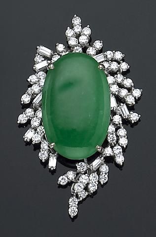 A jadeite jade, diamond and palladium brooch-pendant