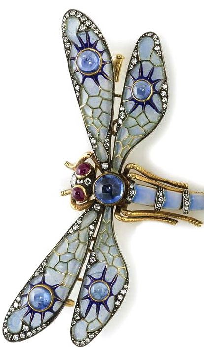 A plique-à-jour enamel, sapphire, ruby and diamond articulated dragonfly brooch...