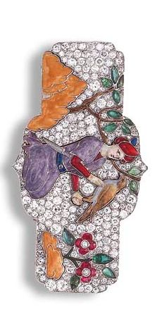 An art deco diamond, emerald, ruby, enamel, and platinum brooch. The old Europea...