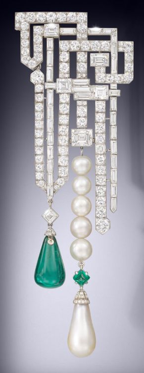 An art deco natural pearl emerald and diamond brooch by Van Cleef & Arpels, circ...