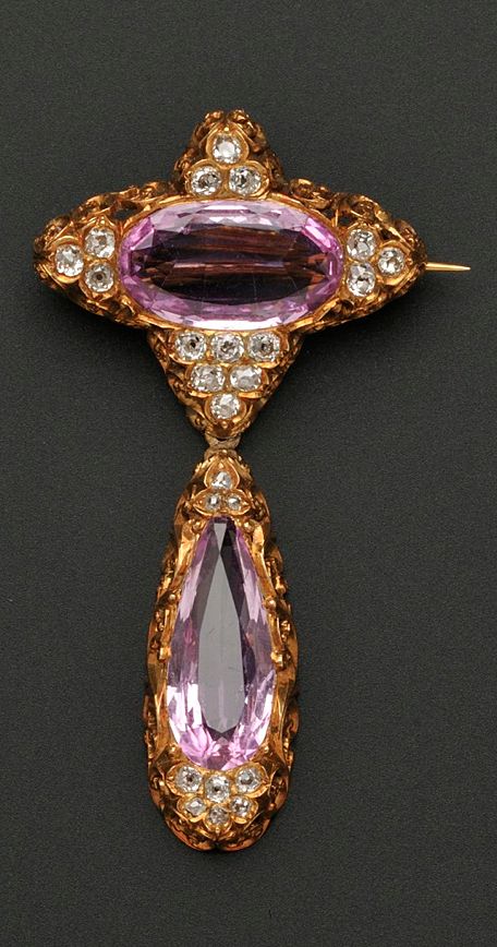 Antique 18kt Gold, Pink Topaz and Diamond Brooch, Retailed by Jones, Ball & Poor...