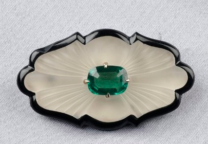 Art Deco, Onyx, Rock Crystal, and Green Tourmaline Brooch, centering a cushion-s...
