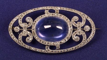 Art Deco Platinum, Diamond and Sapphire Brooch
