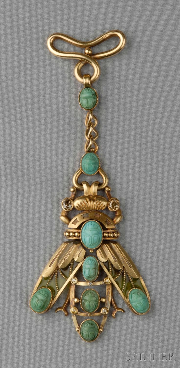 Art Nouveau 18kt Gold, Plique-a-jour Enamel, Turquoise, and Colored Diamond Fob
