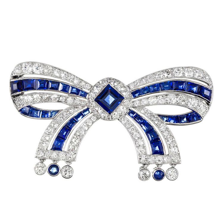 Cartier Important Early Art Deco Sapphire Diamond Bow Pin. Ca.1920s