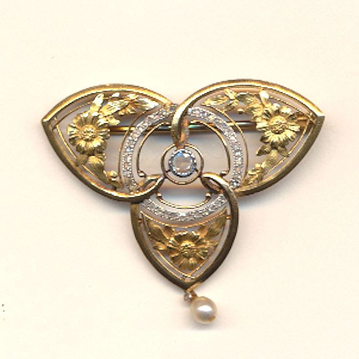 French Art Nouveau 18K Gold & Diamond Brooch