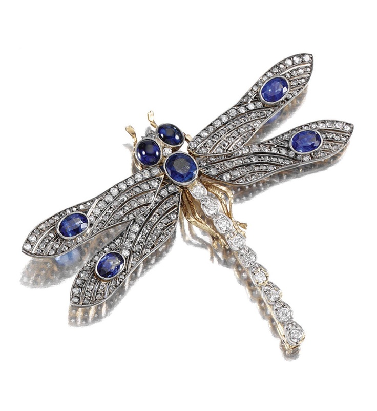 GEM-SET AND DIAMOND BROOCH.  Designed as a dragonfly, the body and wings set wit...