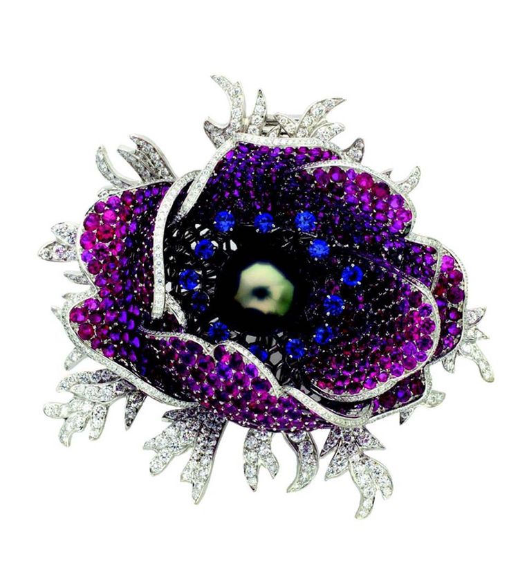 2008 Garance Poppy clip set from Van Cleef & Arpels with rubies, blue sapphires ...