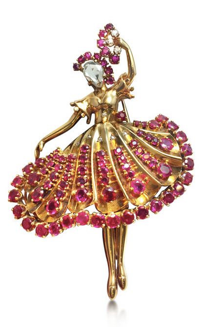 A ruby and diamond ballerina brooch, attributed to John Rubel