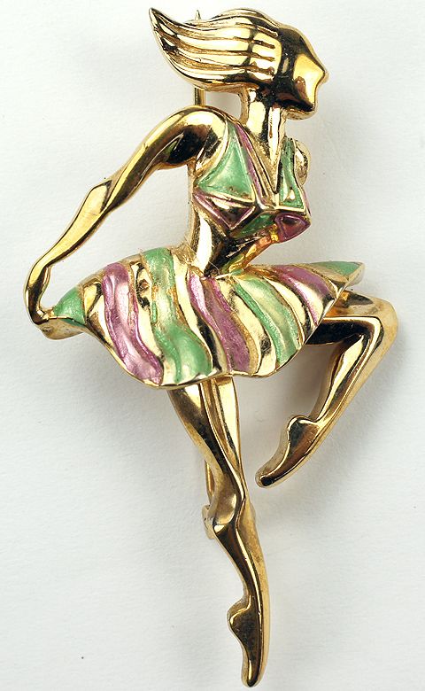 Boucher Metallic Enamel Ballerina Pin, 1950, gold plated base metal, rhinestones...