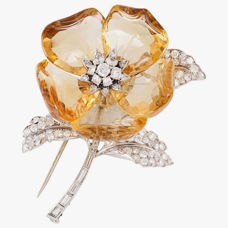 Citrine Diamond Floral Brooch #VintageJewelry