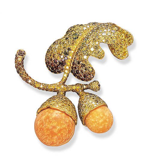 Colored Diamond and Melo Pearl Acorn Brooch
