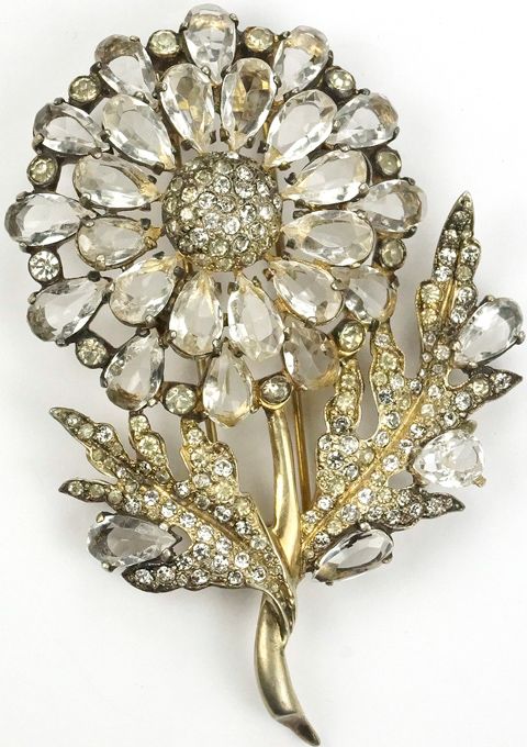Eisenberg Original Sterling Goldwash and Diamante Stones Giant Flower and Leaves...