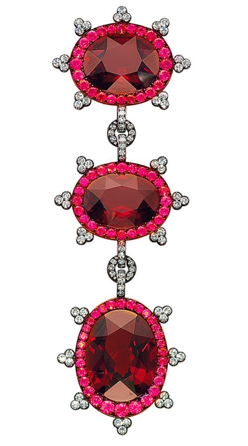 Garnet, Ruby and Diamond Brooch, by JAR designed as three clusters, each centeri...