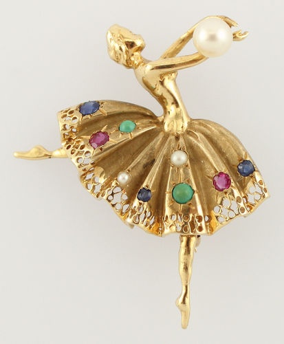 Gold Sapphire Ruby Turquoise Pearl Ballerina Pin Brooch