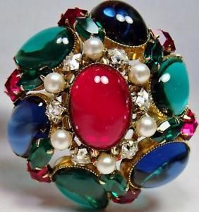 Signed Schreiner, NY red, blue, green, pearl, diamond, rhinestone brooch pendant...