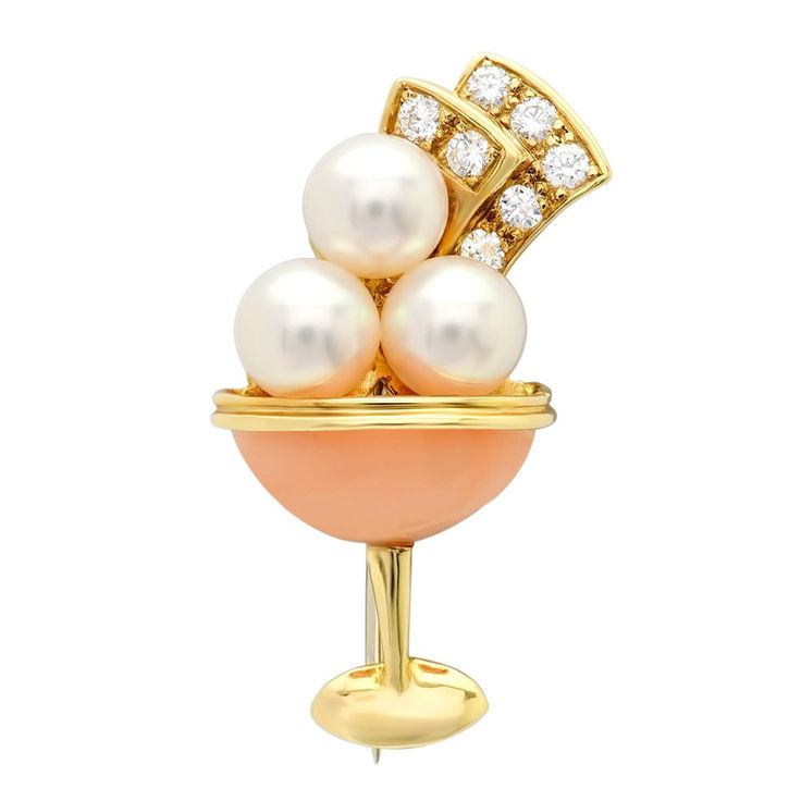 Van Cleef & Arpels Coral Pearl Diamond Champagne Flute Pin | From a unique colle...