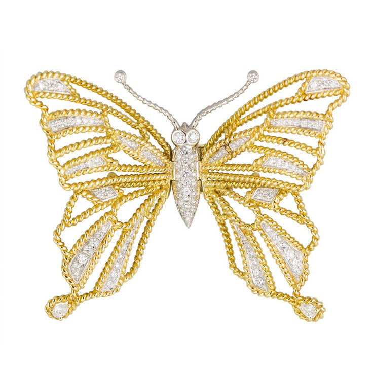 Verdura Diamond Gold Platinum Butterfly  Brooch | From a unique collection of vi...