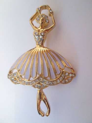 Vintage Gold Tone Enamel Clear Diamante Ballet Dancer Ballerina Brooch. Why am I...