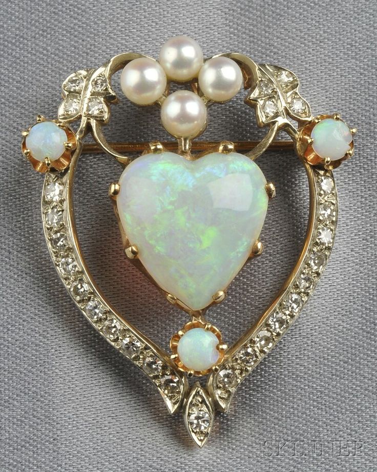 Opal, Cultured Pearl, and Diamond Pendant/Brooch, set with a heart-shaped opal m...