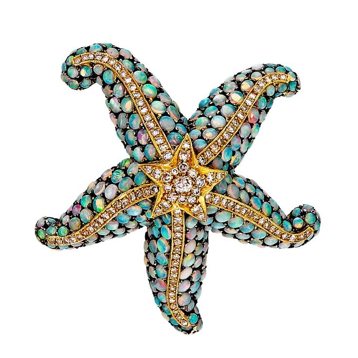 Opal Diamond Silver Gold Starfish Pin |
