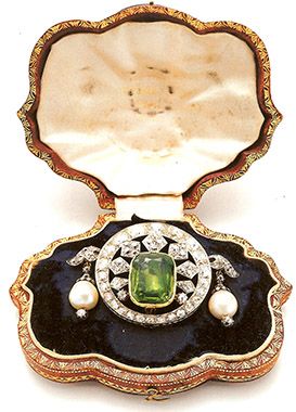 Peridot, diamond, pearl, silver and gold brooch, made by Freres, Paris, for Empr...