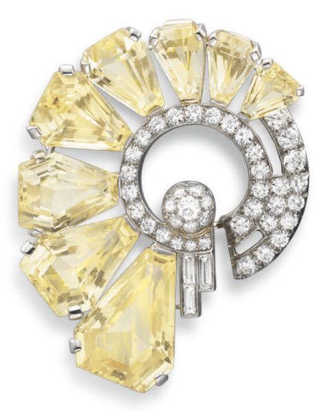 Platinum, Yellow Sapphire and Diamond Brooch by Oscar Heyman & Brothers