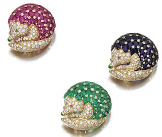 Ruby, sapphire, emerald, and diamond hedgehog brooches by Jean Pierre Brun.