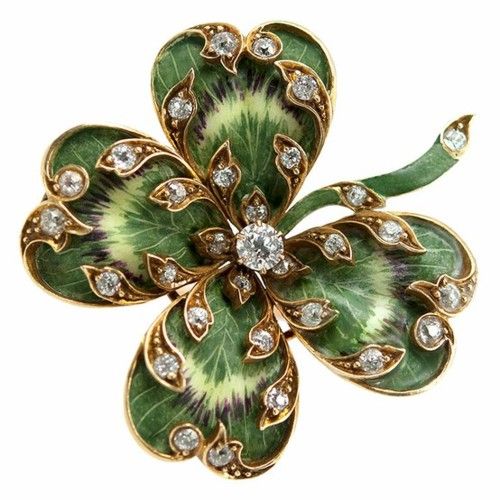 Vintage Four Leaf Clover Brooch, enamel and diamonds, circa 1920