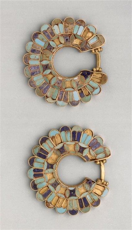 cloisonné earrings, susa acropolis 400 b.c. gold, lapis lazuli, turquoise. acha...