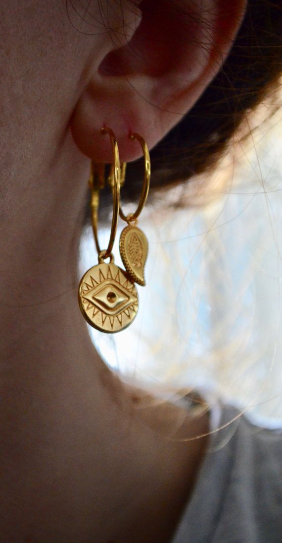 Evil eye coin charm gold hoop earrings by Polkadotjewelry on Etsy