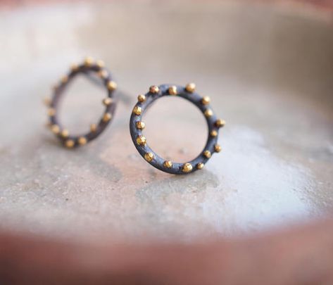 This organic textured circle studded stud earrings is handcrafted with oxidized ...