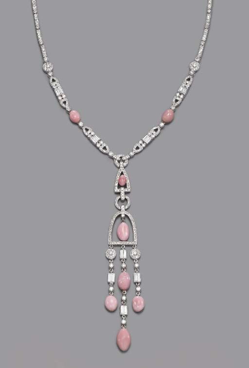 A CONCH PEARL AND DIAMOND PENDENT NECKLACE   Designed as a brilliant and baguett...